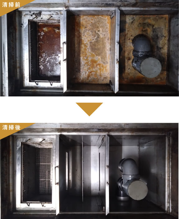 グリストラップの清掃前と清掃後写真
